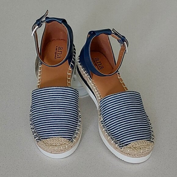 NWT A.N.A. Blue/White Multi Stripe Sandals with Ankle Strap Women's Size 8 - Picture 1 of 13
